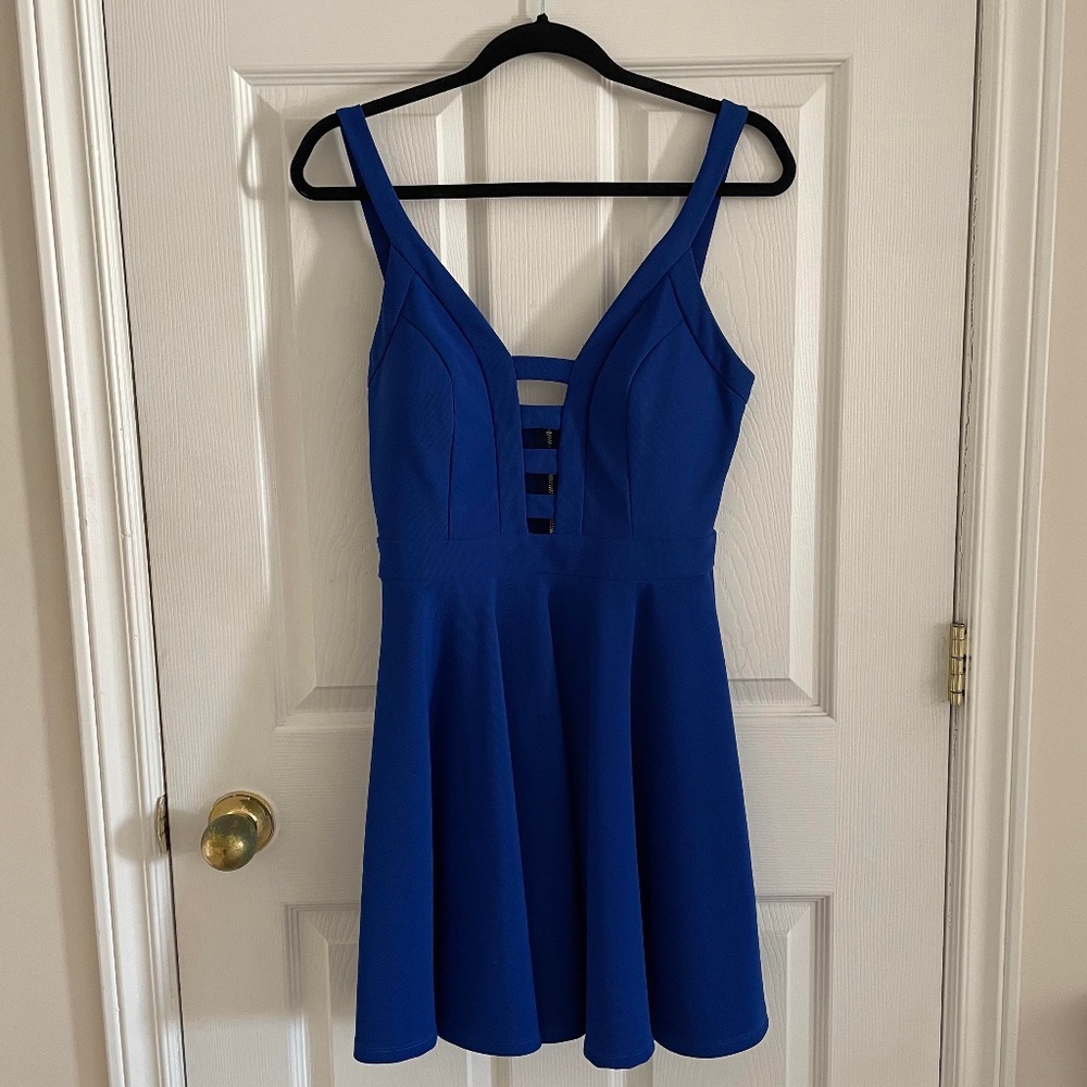 Navy Blue Flared Dress with Cutouts and Zip Up Back